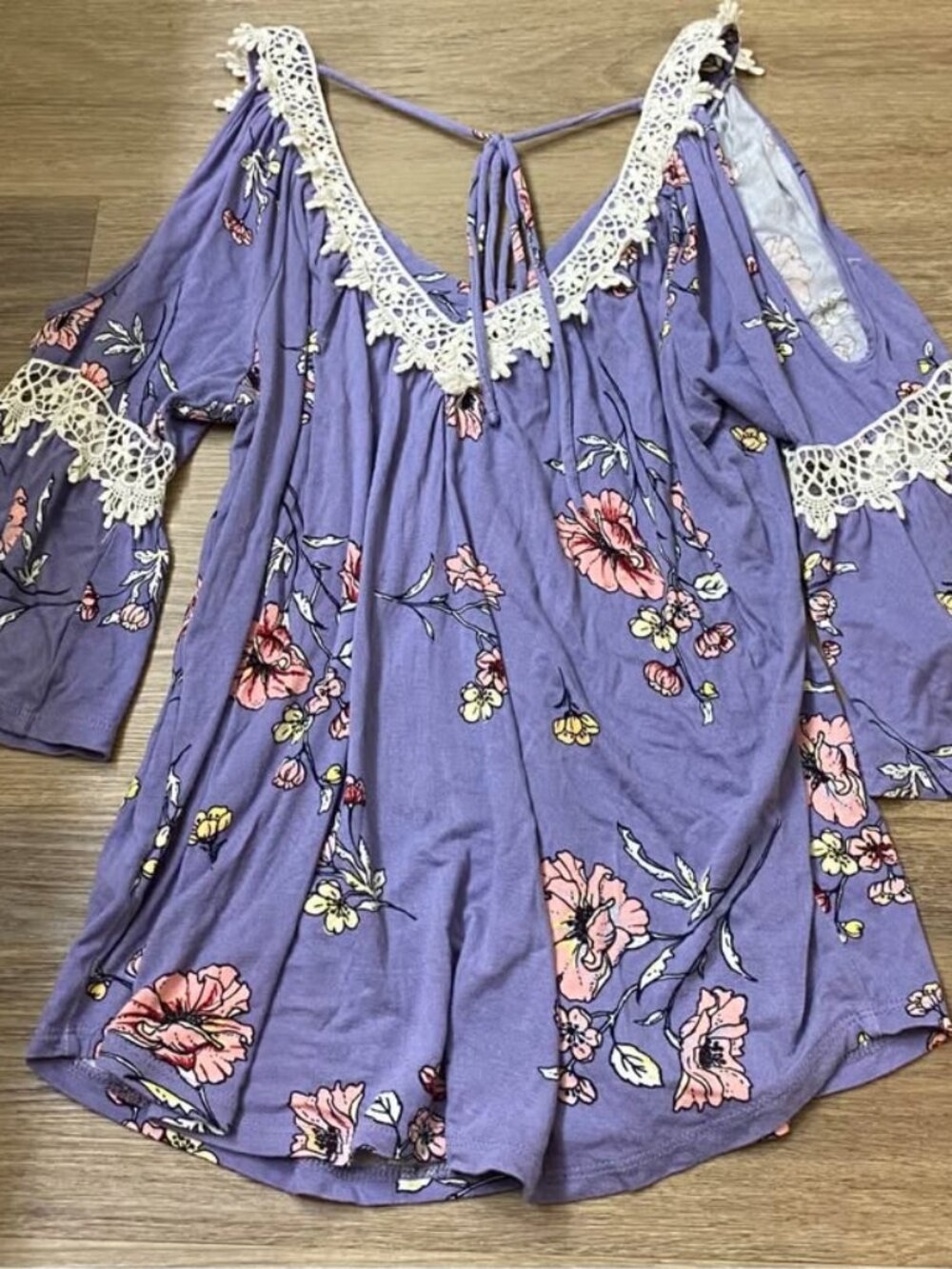 Always Indigo Purple Floral Cold-Shoulder Boho Blouse – Size L